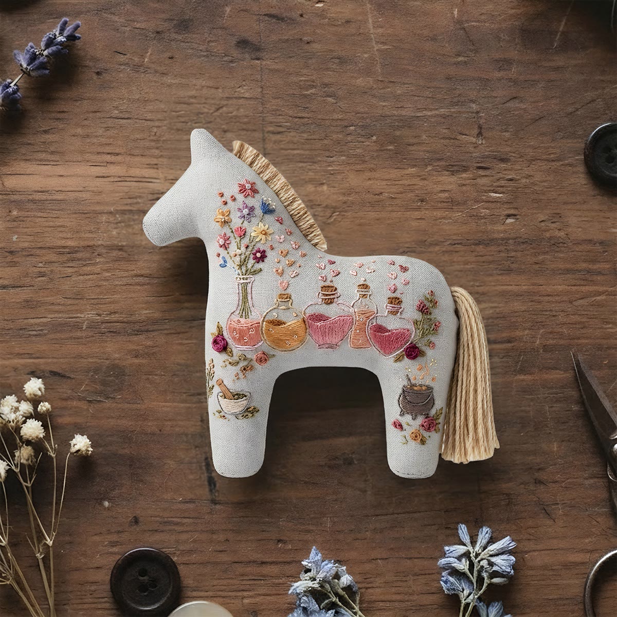 Rubbyoo Dala Horse Embroidery Kit - Magic Potions | Halloween Stocking Stuffers | Colorful Bag Charm - 6 inches hoop kit - image 1