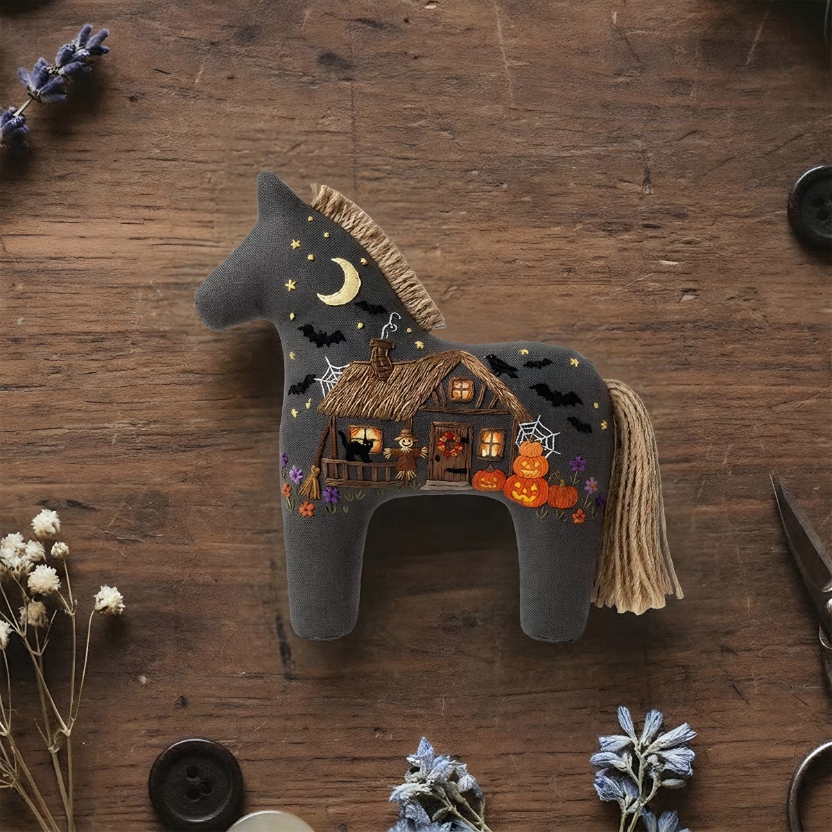 Rubbyoo Dala Horse Embroidery Kit - Witch Cottage | Spooky Gift For Her | Handmade Fabric Decor - 6 inches hoop kit - image 1