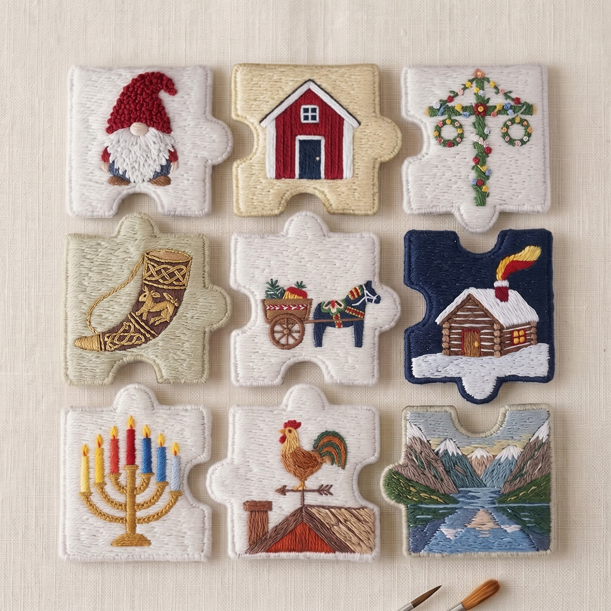Rubbyoo Diy Magnet & Brooch Embroidery Puzzle Kit - Nordic Folk Art | Christmas Holiday Decoration - 9-pcs Puzzle Brooch Kit - image 1