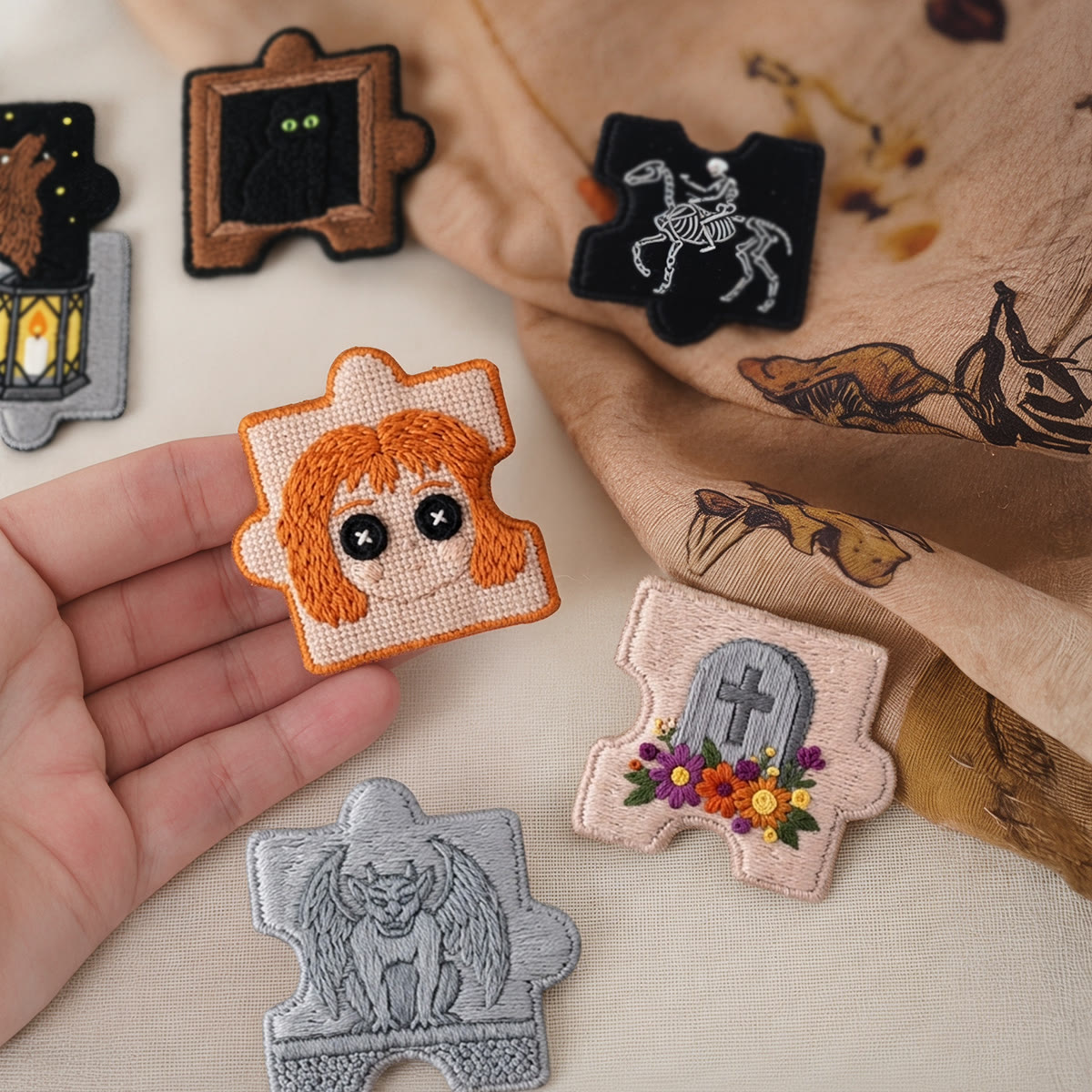 Rubbyoo Diy Magnet & Brooch Embroidery Puzzle Kit - Dark Academia Black Cat Gargoyle Skeleton | Halloween Home Decoration - image 6