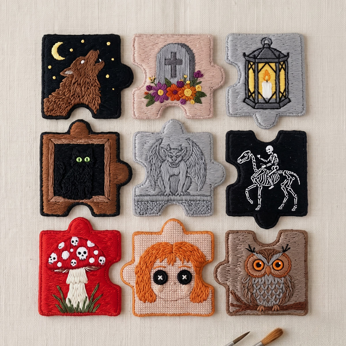 Rubbyoo Diy Magnet & Brooch Embroidery Puzzle Kit - Dark Academia Black Cat Gargoyle Skeleton | Halloween Home Decoration - 9-pcs Puzzle Brooch Kit - image 1