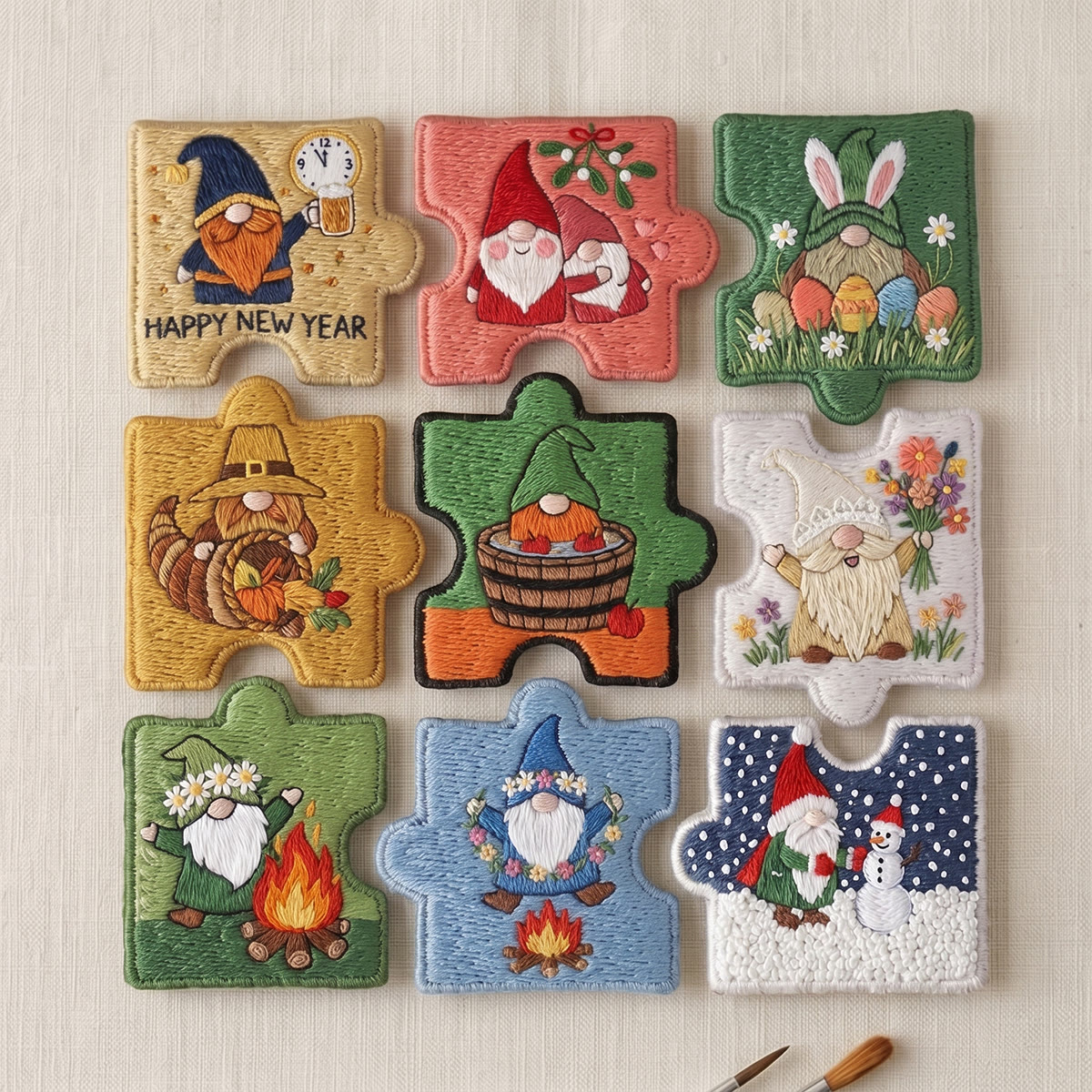 Rubbyoo Diy Magnet & Brooch Embroidery Puzzle Kit - Gnome Puzzle Fridge Magnet | Birthday Gift For Her - 9-pcs Puzzle Brooch Kit - image 1