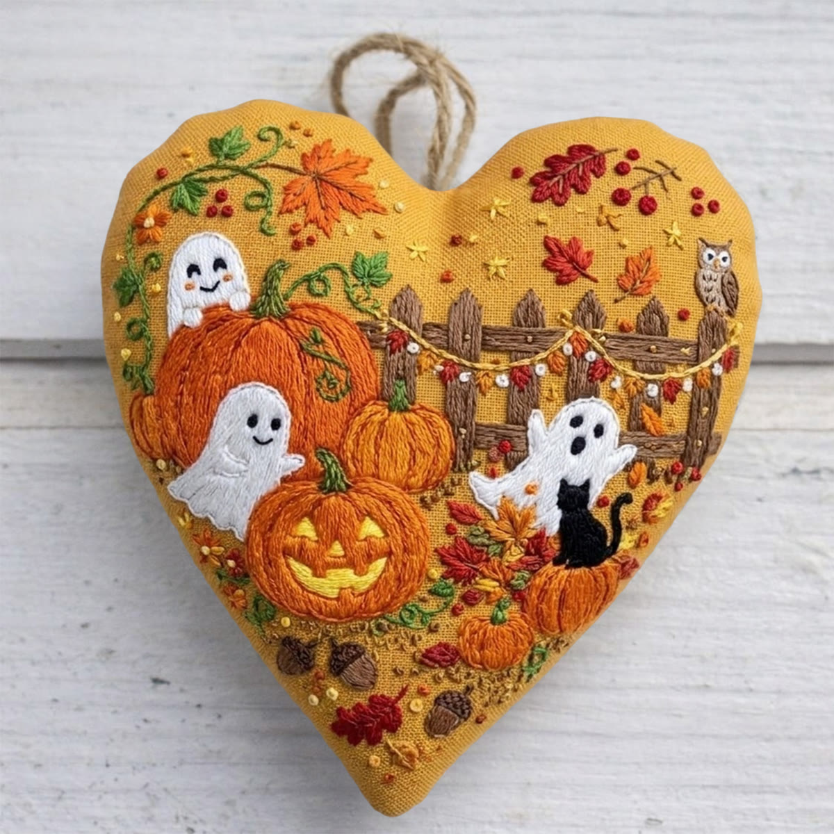 Rubbyoo Heart Embroidery Kit - Playful Ghost | Unique  Spook Theme Bag Charm  | Handcrafted Heart-shaped Keepsake - 6 inches hoop kit - image 1