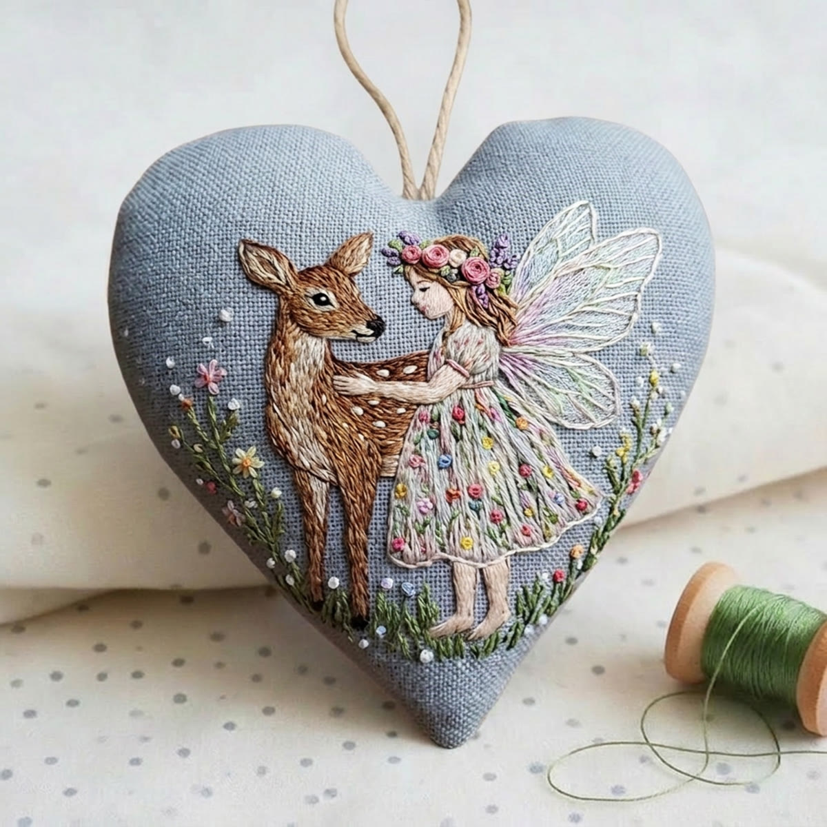 Rubbyoo Heart Embroidery Kit - Angel & Deer | Fairy-tale-inspired Present For Her | Cozy Blue Wall Hanging - image 2