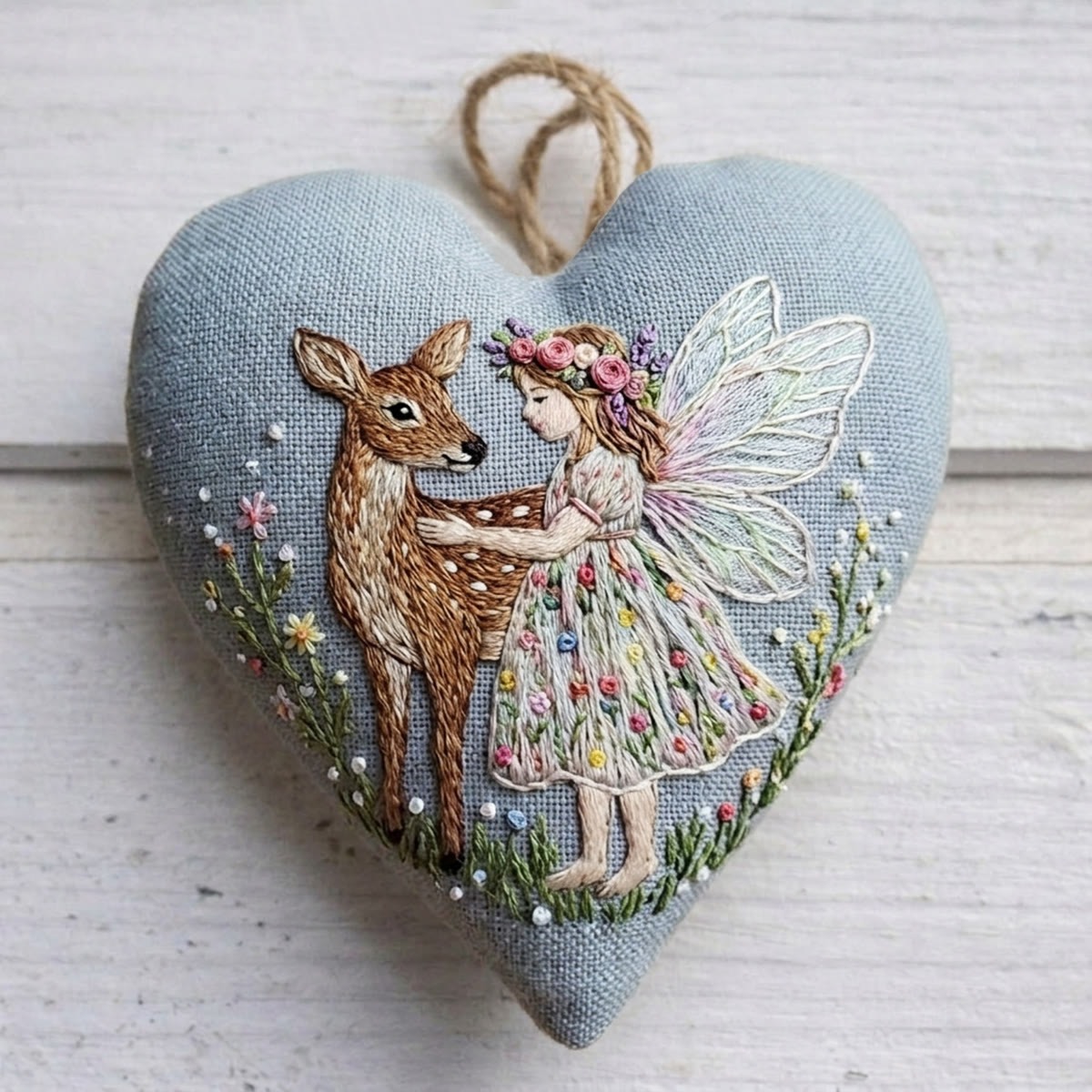 Rubbyoo Heart Embroidery Kit - Angel & Deer | Fairy-tale-inspired Present For Her | Cozy Blue Wall Hanging - 6 inches hoop kit - image 1