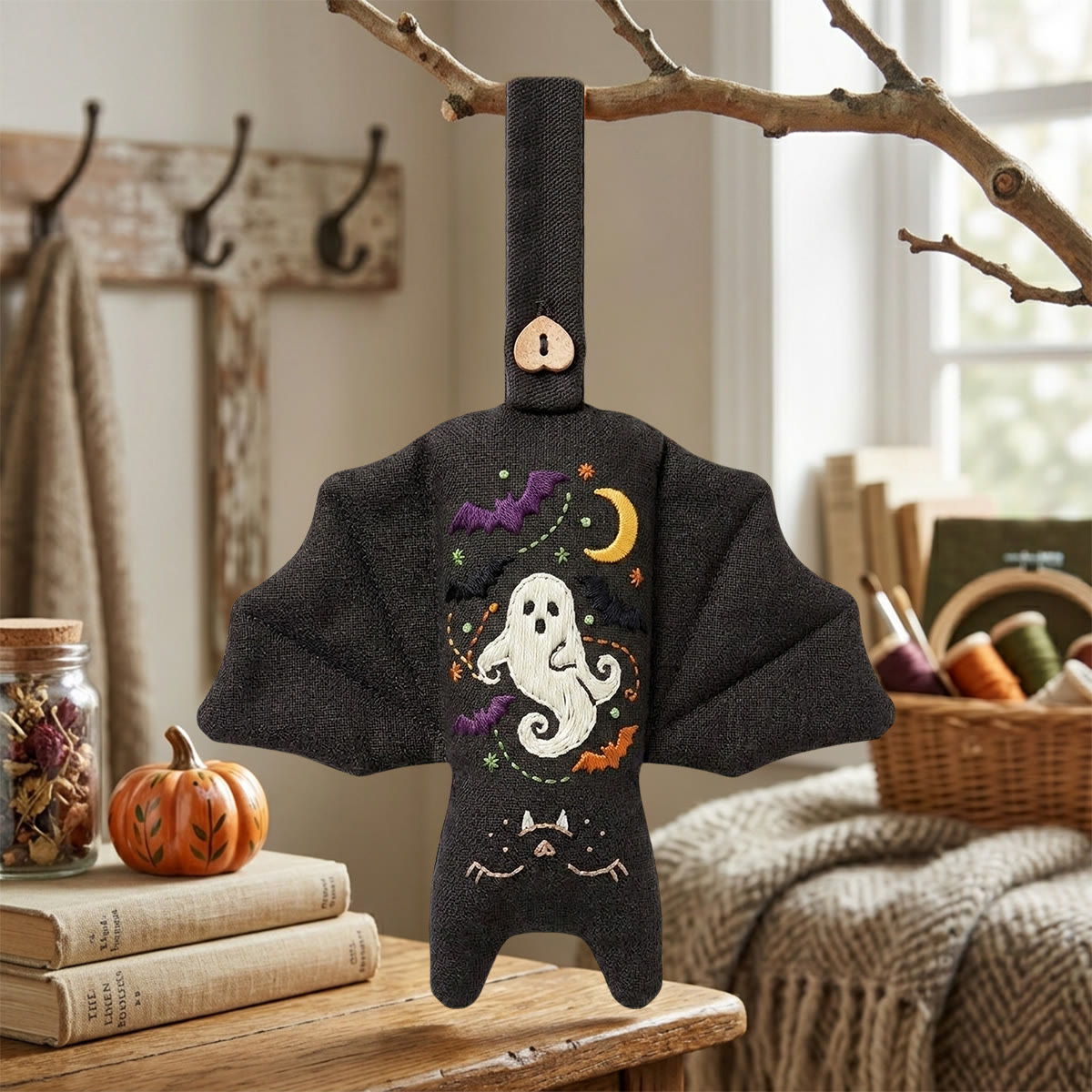 Rubbyoo Bat Embroidery Kit - Floating Ghost | Creepy Cute Gift | Goth Bedroom Decor - 6 inches hoop kit - image 1