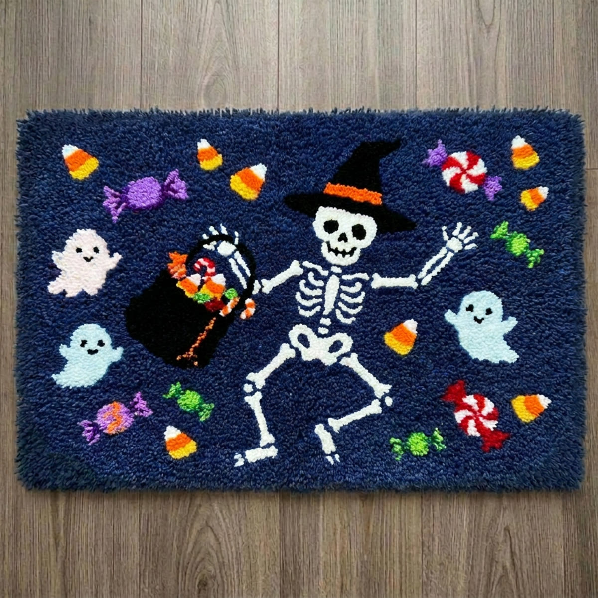 Rubbyoo Latch Hook Rug Kit - Dancing Skeleton | Classic Ghost & Phantom Pattern | Handmade Halloween Style Carpet - 75x50cm - image 1