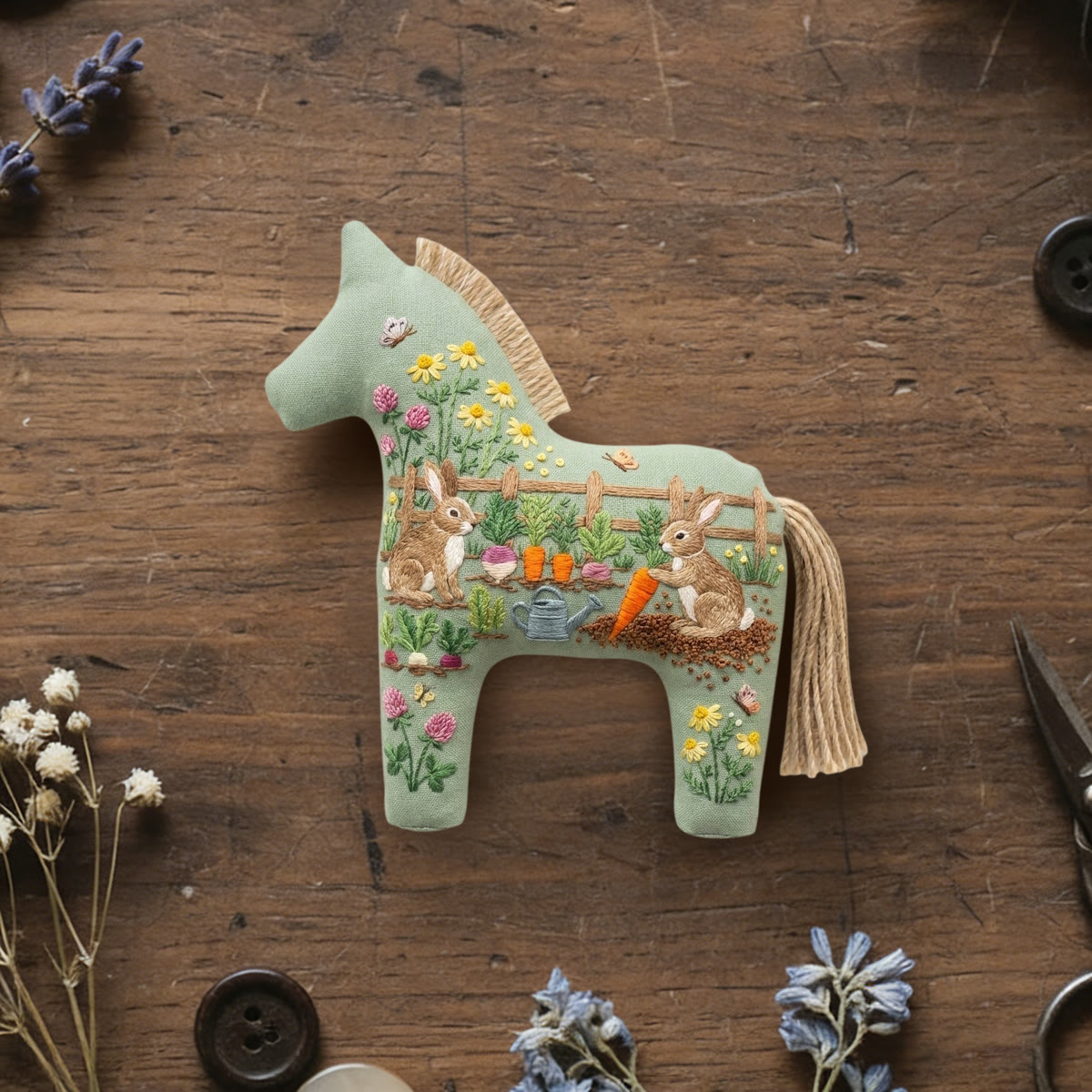 Rubbyoo Dala Horse Embroidery Kit - Rabbit In Garden | Cottagecore Lover Gift | Nursery Room Decor - 6 inches hoop kit - image 1