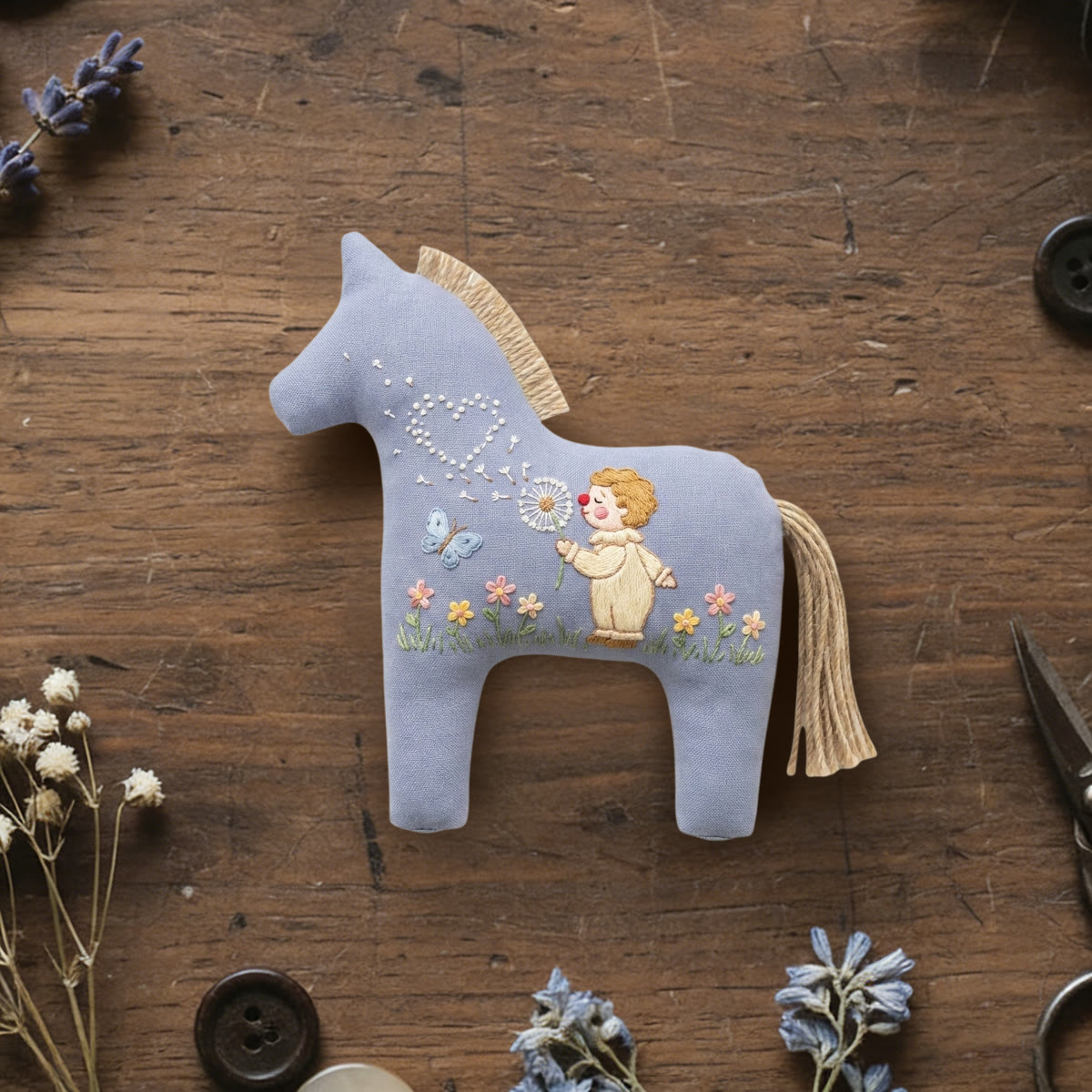 Rubbyoo Dala Horse Embroidery Kit - Cute Angel And Blowing Dandelion | Handmade Gift For Kids | Nursery Room Wall Hanging - 6 inches hoop kit - image 1