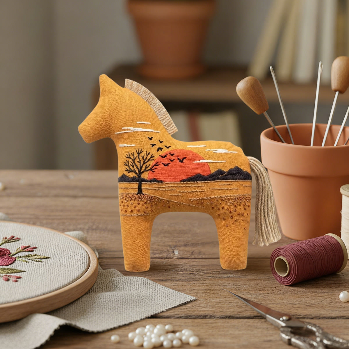 Rubbyoo Dala Horse Embroidery Kit - Sunset & Mountains Scene | Nature Lover Gift | Car Hanging Ornament - image 7