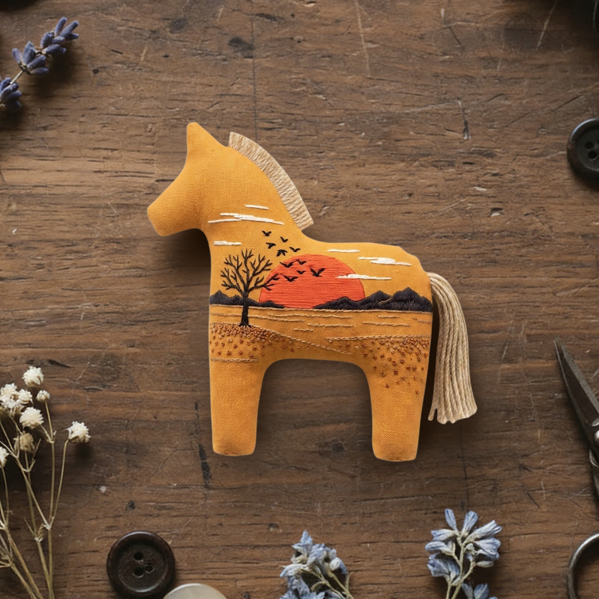Rubbyoo Dala Horse Embroidery Kit - Sunset & Mountains Scene | Nature Lover Gift | Car Hanging Ornament - 6 inches hoop kit - image 1