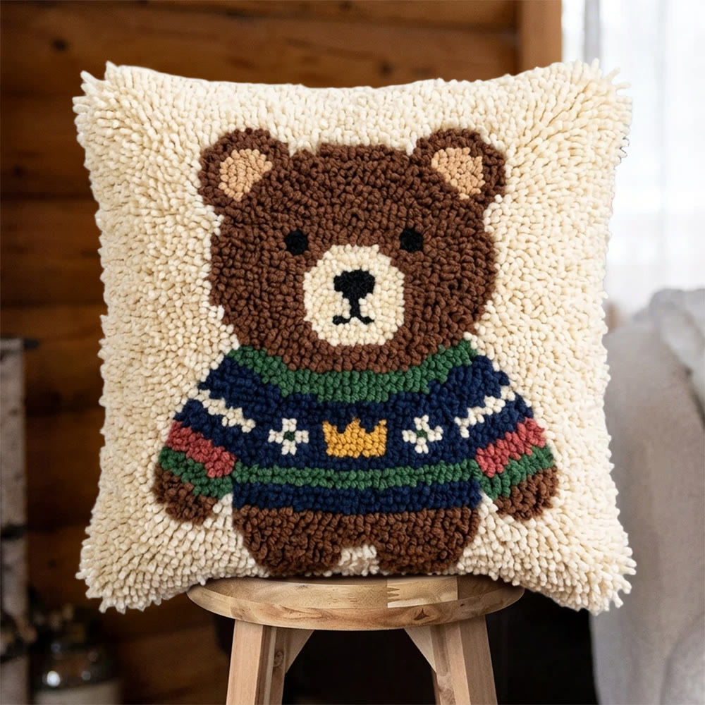 Rubbyoo Latch Hook Pillow Kit - Bear In Sweater | Cozy & Soft Sofa Decor | Lovely DIY Birthday Gift For Kids - 43*43cm - image 1