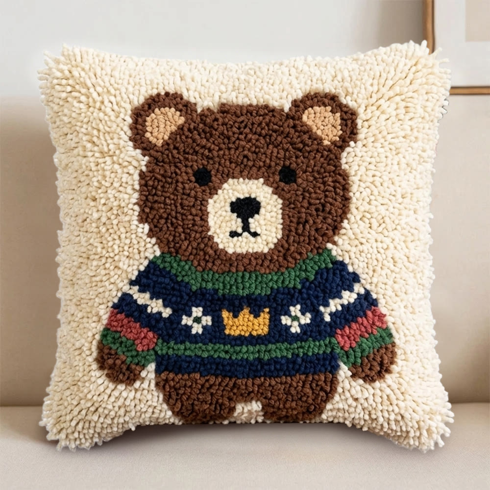 Rubbyoo Latch Hook Pillow Kit - Bear In Sweater | Cozy & Soft Sofa Decor | Lovely DIY Birthday Gift For Kids - image 3