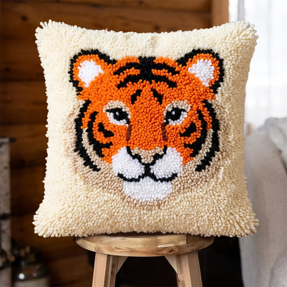 Rubbyoo Latch Hook Pillow Kit - Smiling Tiger | Hand-stitched Chunky Fabric | Animal Cartoon Room Accent - 43*43cm - image 1