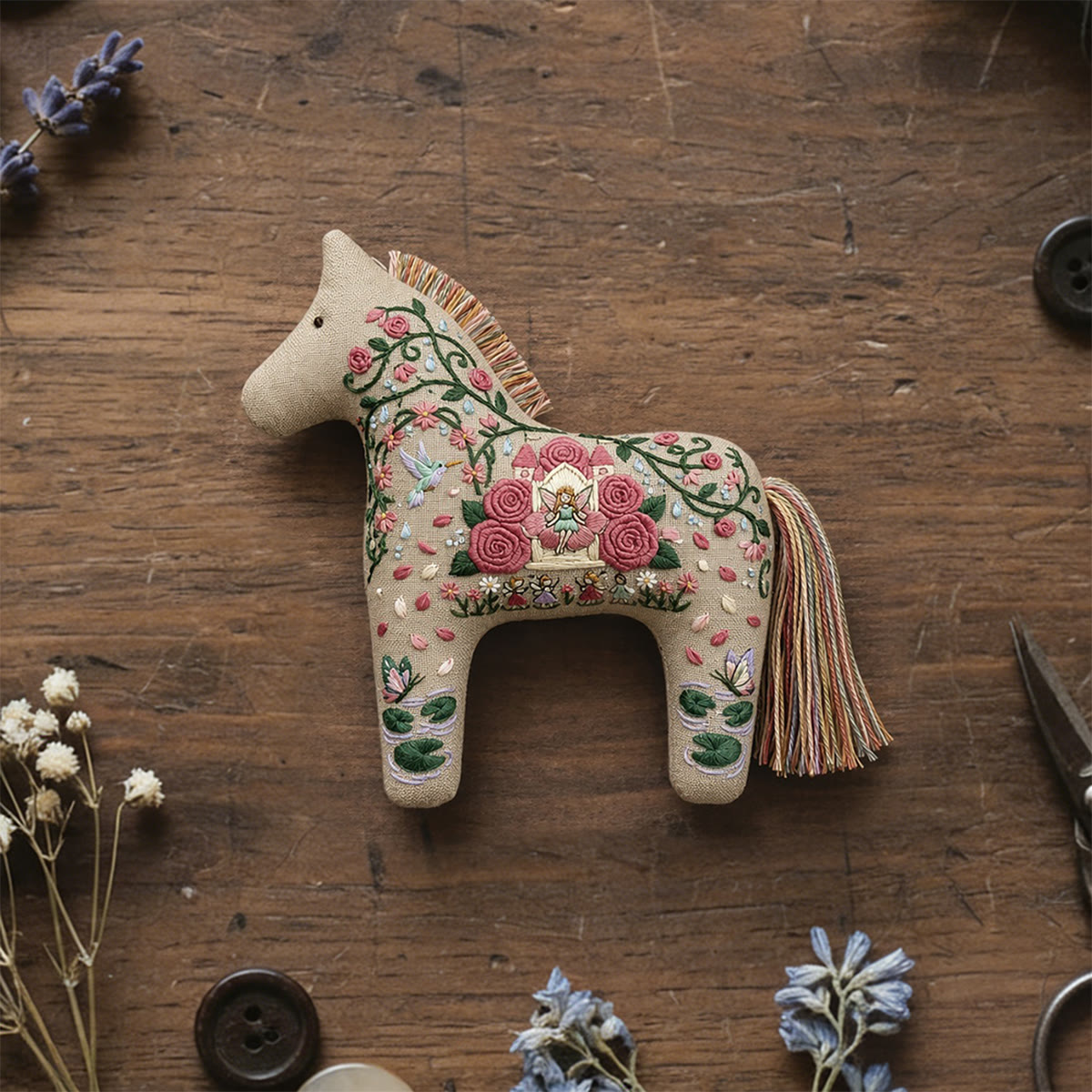Rubbyoo Dala Horse Embroidery Kit - Garden Fairy | Gift For Her | Cottagecore Bag Charm - 6 inches hoop kit - image 1
