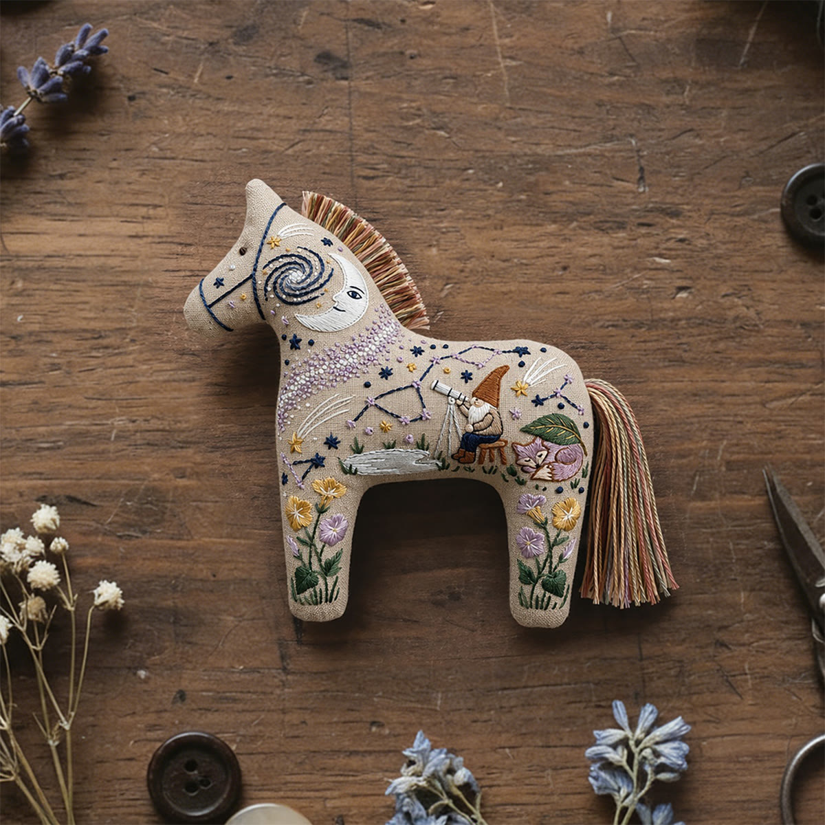 Rubbyoo Dala Horse Embroidery Kit - Stargazing Gnome | Gift For Witchy Friend | Handbag Accessory - 6 inches hoop kit - image 1