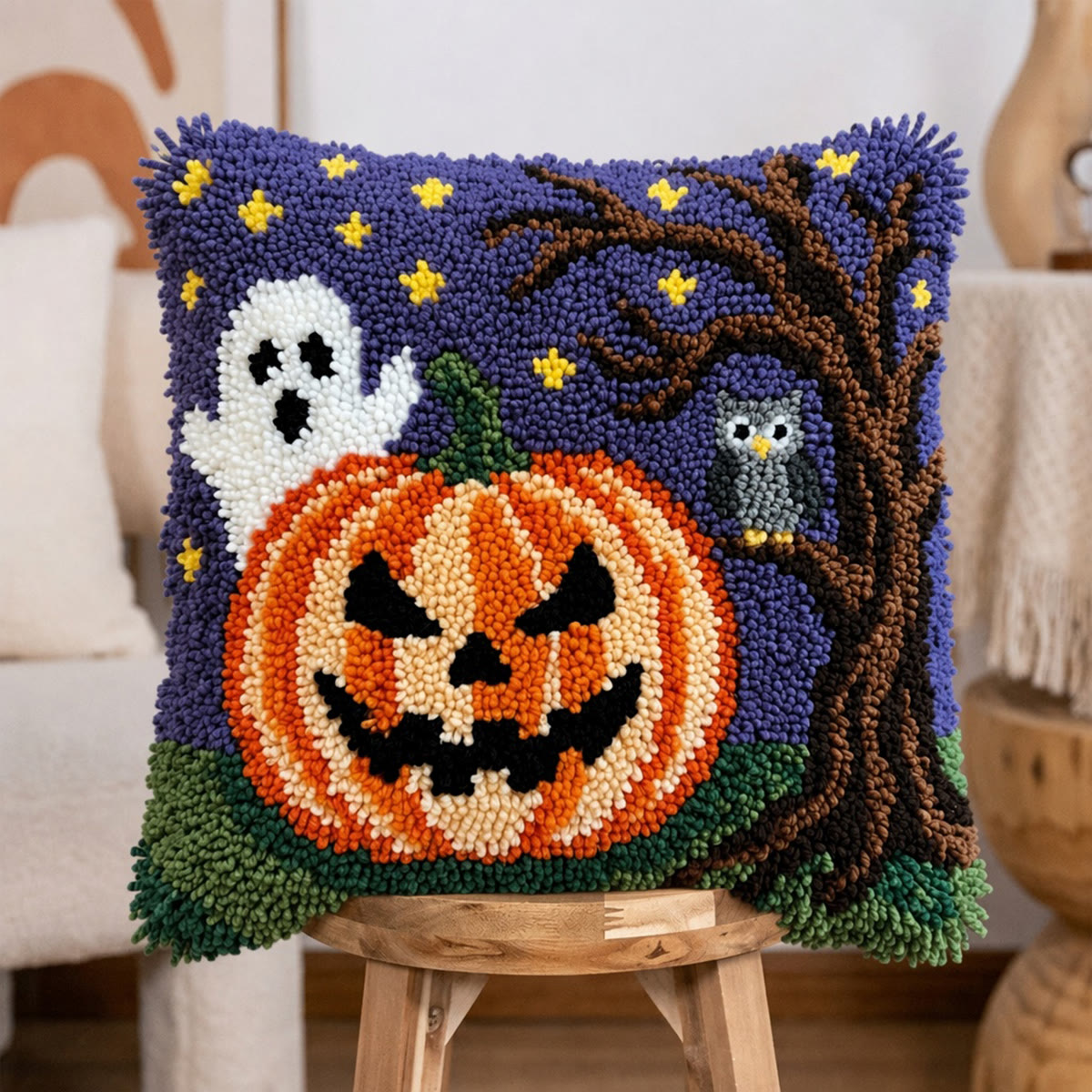 Rubbyoo Latch Hook Pillow Kit - Ghost With Pumpkin | Spooky Home Party Decorations | Diy Halloween Pillow Cover - image 3