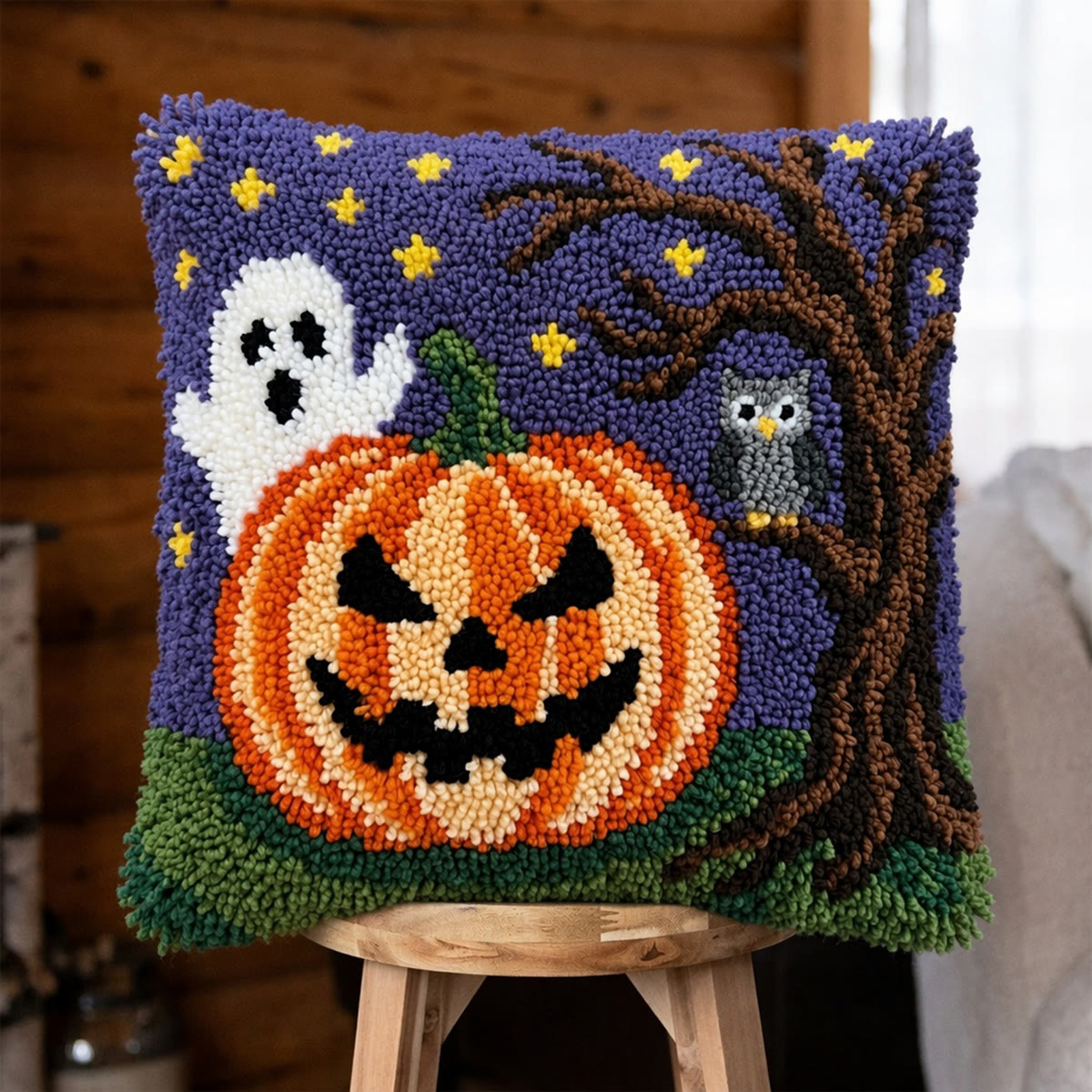 Rubbyoo Latch Hook Pillow Kit - Ghost With Pumpkin | Spooky Home Party Decorations | Diy Halloween Pillow Cover - 43*43cm - image 1