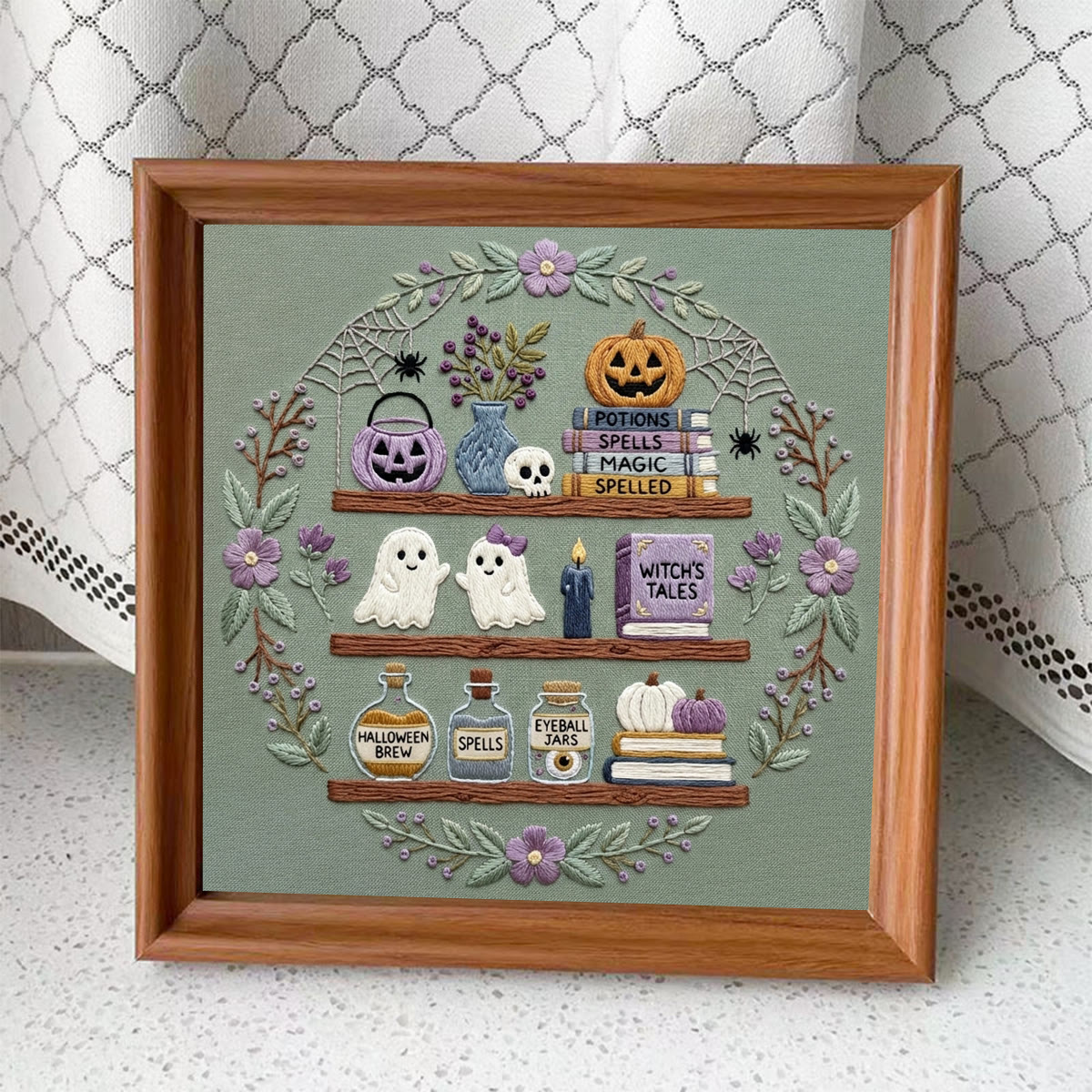 Rubbyoo Embroidery Kit - Ghost Lab | Special Spooky Season Keepsake | Unique Sage Green Ghost Handicraft - Embroidery Kit Plus An Extra Frame - image 9