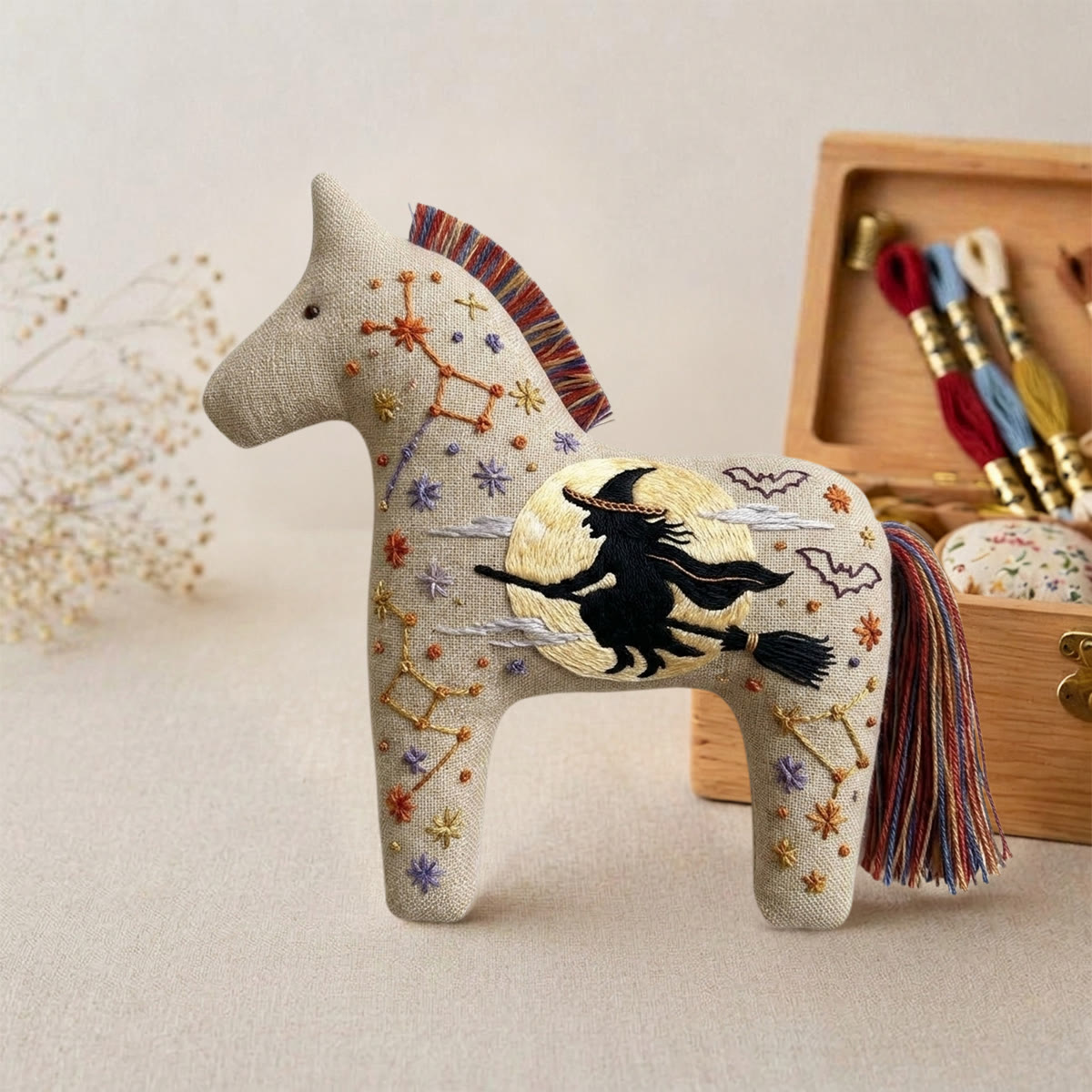 Rubbyoo Dala Horse Embroidery Kit - Flying Witch | Hand-stitched Craft | Halloween Tree Ornament - image 2