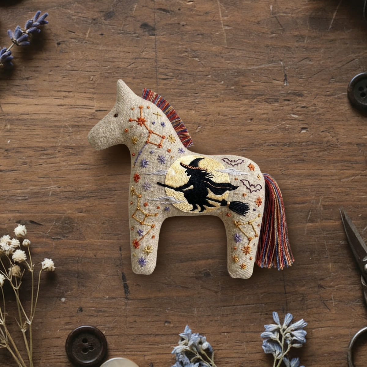 Rubbyoo Dala Horse Embroidery Kit - Flying Witch | Hand-stitched Craft | Halloween Tree Ornament - 6 inches hoop kit - image 1