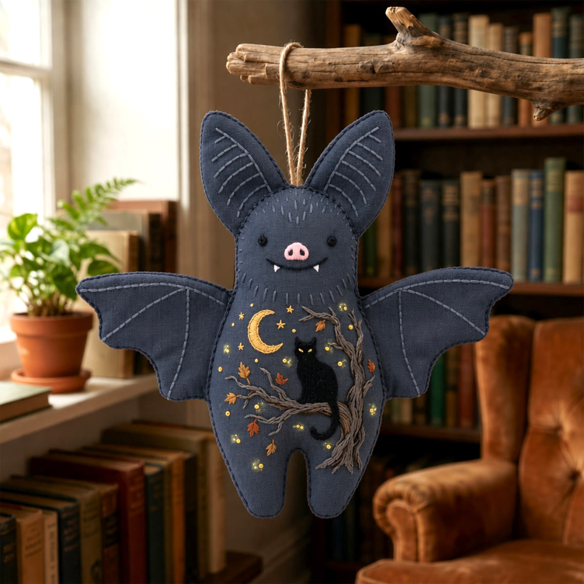 Rubbyoo Bat Embroidery Kit - Black Cat On Tree Branch | Handmade Halloween Basket Stuffer | Wall Hanging Sign - image 2