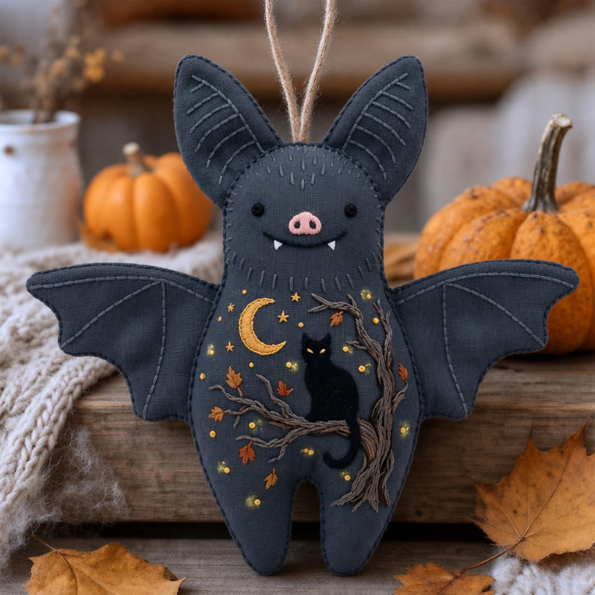 Rubbyoo Bat Embroidery Kit - Black Cat On Tree Branch | Handmade Halloween Basket Stuffer | Wall Hanging Sign - 6 inches hoop kit - image 1