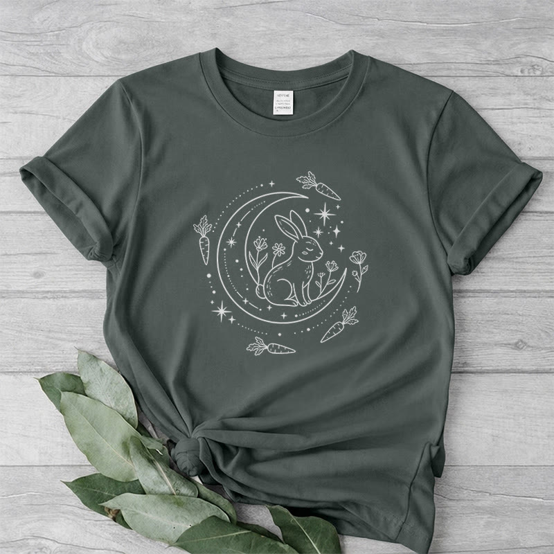 Rubbyoo Celestial Rabbit Graphic Tee  - Fairy-tale Inspired Bunny Pattern | Charming Colorful Crewneck Cloth - Dark Gray - 2XL - image 6