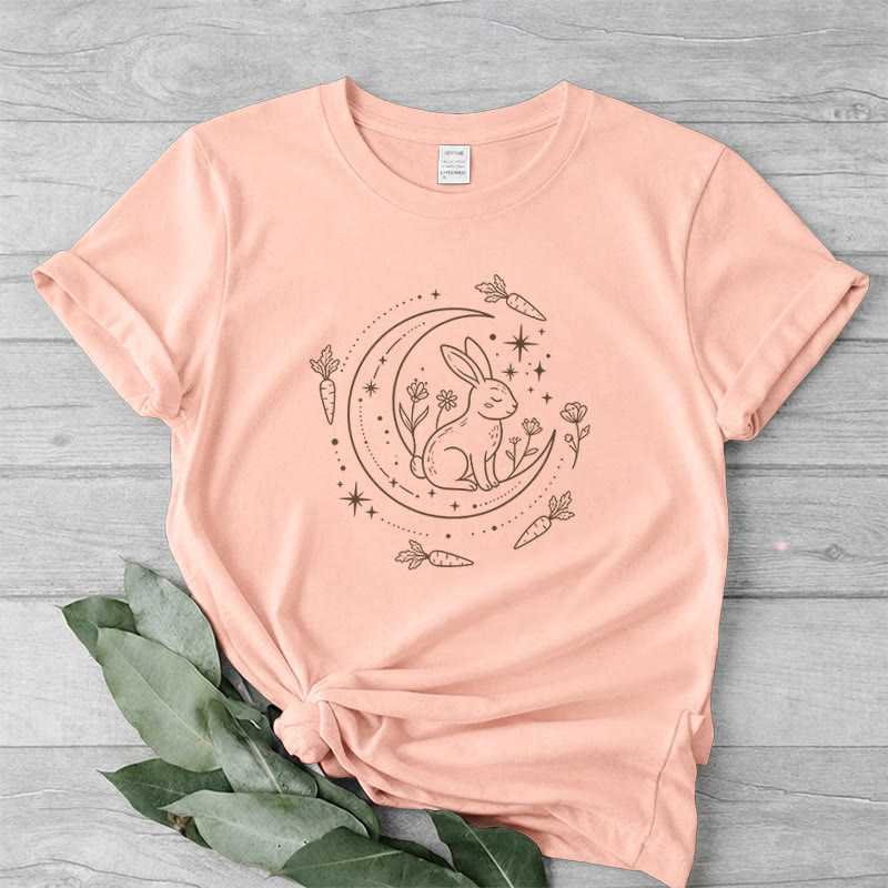 Rubbyoo Celestial Rabbit Graphic Tee  - Fairy-tale Inspired Bunny Pattern | Charming Colorful Crewneck Cloth - Peach - 2XL - image 7