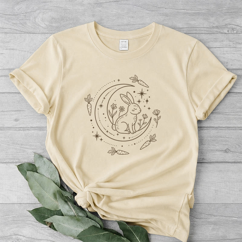 Rubbyoo Celestial Rabbit Graphic Tee  - Fairy-tale Inspired Bunny Pattern | Charming Colorful Crewneck Cloth - Beige - 2XL - image 5