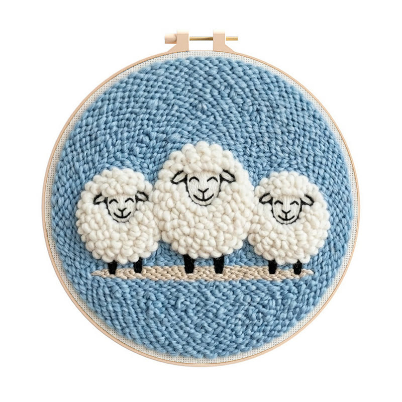 Happy Sheep  Punch Needle Kit - Lovely DIY Sewing Kit | Cozy Blue Wall Hanging Ornament - 8 inch Hoop Kit - image 1