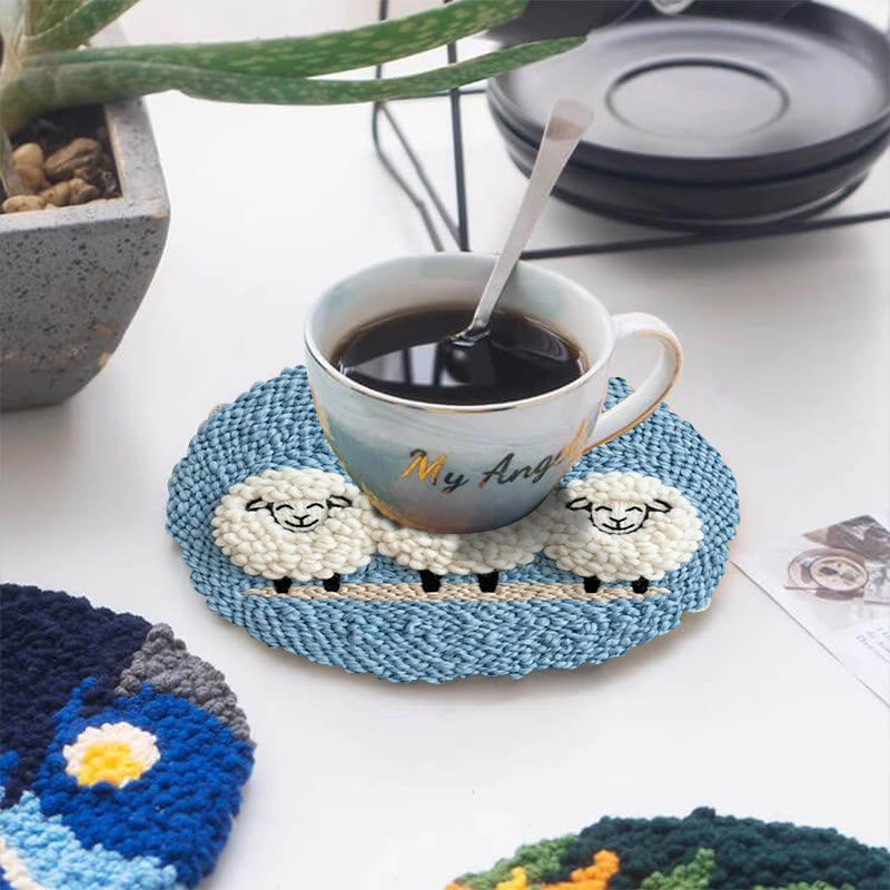 Happy Sheep  Punch Needle Kit - Lovely DIY Sewing Kit | Cozy Blue Wall Hanging Ornament - 5 inch Coaster Kit - image 11