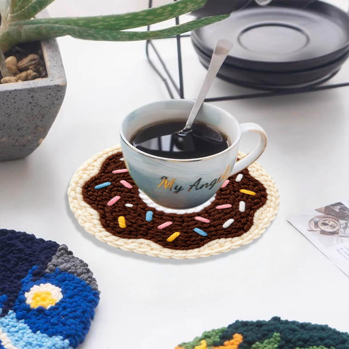 Cute Doughnut Punch Needle Kit - Hand-stitched Present For Her  | Special Dessert Theme Mug Rug - 5 inch Coaster Kit - image 10