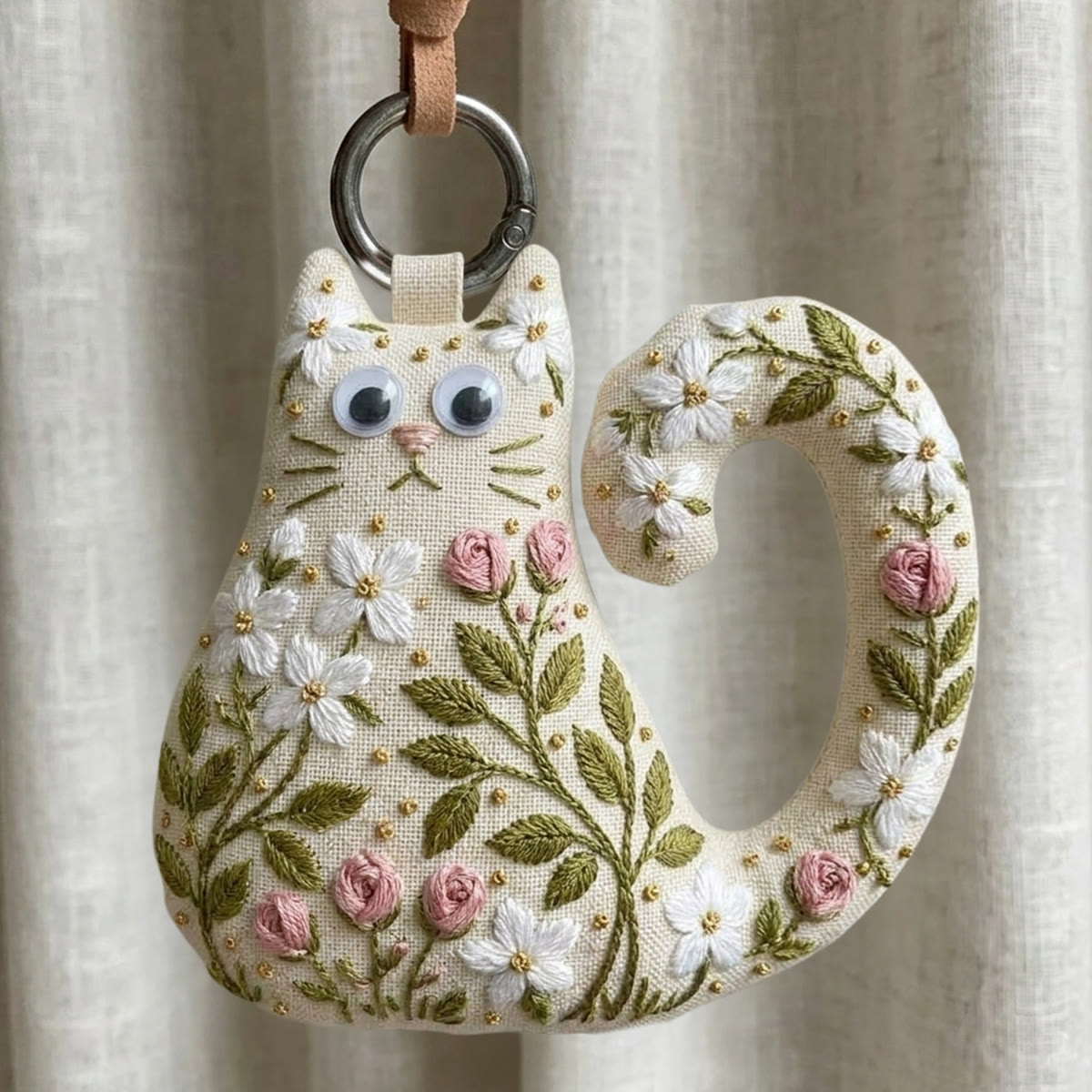 Rubbyoo Cat Embroidery Kit - White Blossoms | Sweet Gift For Her | Elegant Purse Charm - 6 inches hoop kit - image 1