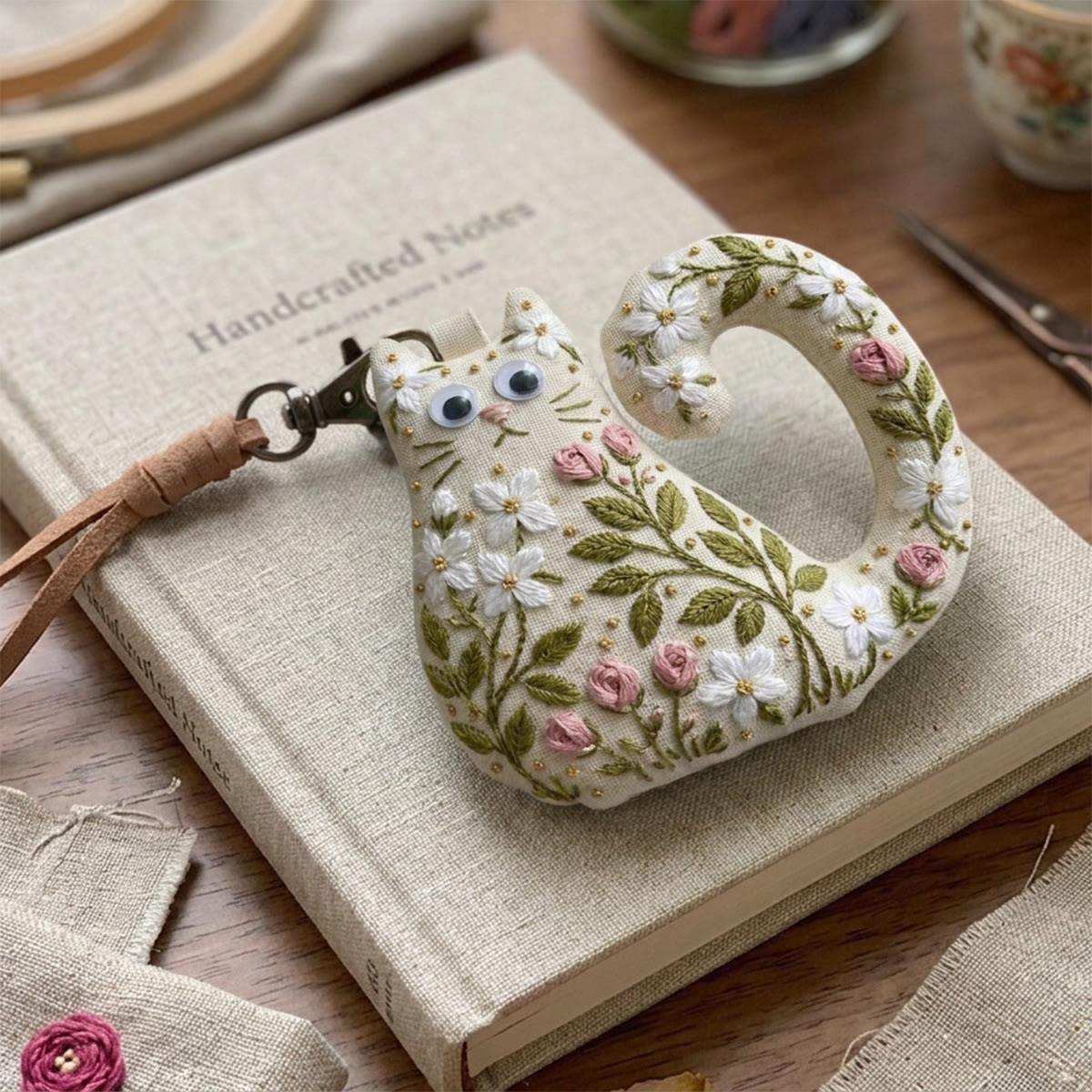Rubbyoo Cat Embroidery Kit - White Blossoms | Sweet Gift For Her | Elegant Purse Charm - image 9