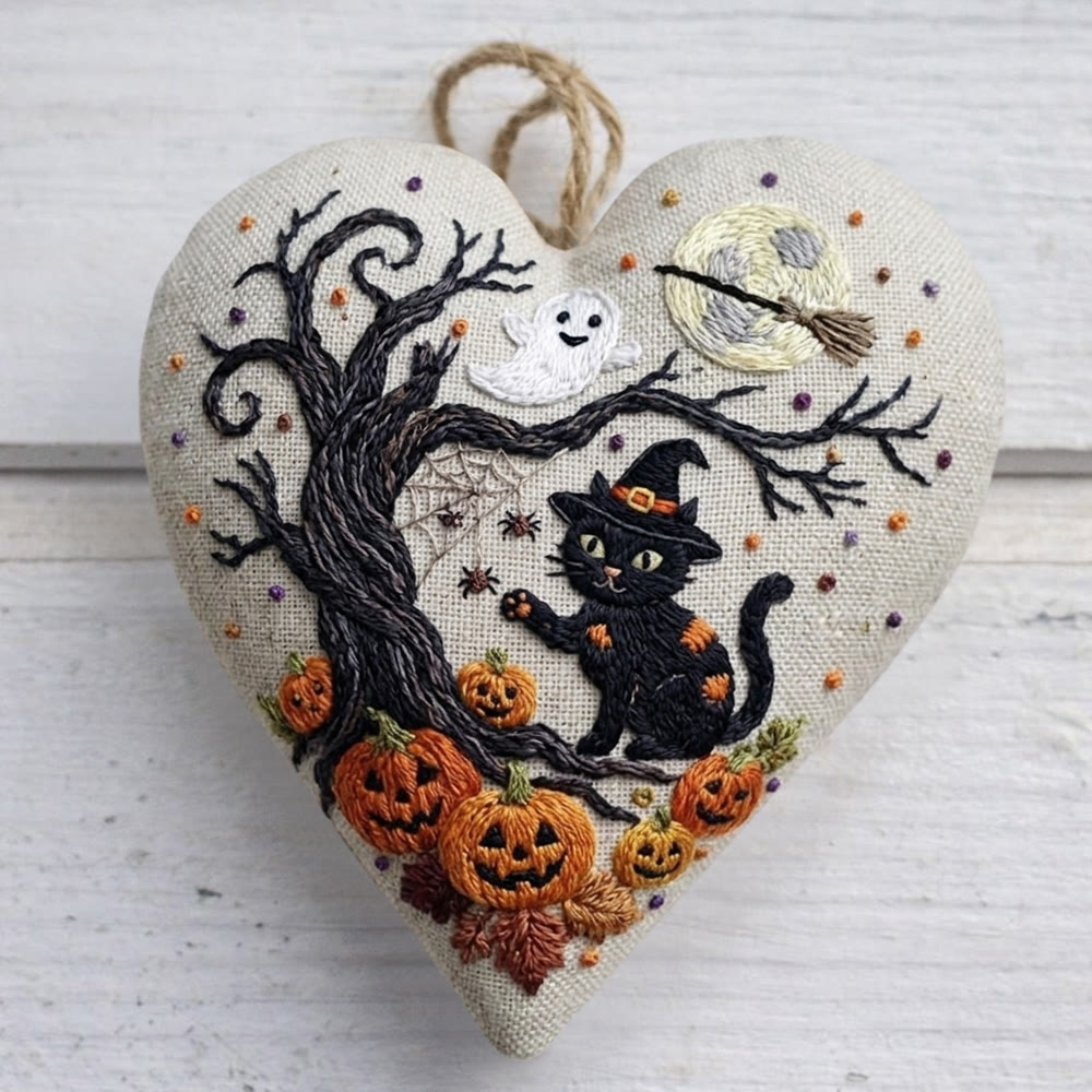Rubbyoo Heart Embroidery Kit - Magical Cat Wizard | Intricate Gothic Style Pattern | Halloween Bag Accessory - 6 inches hoop kit - image 1