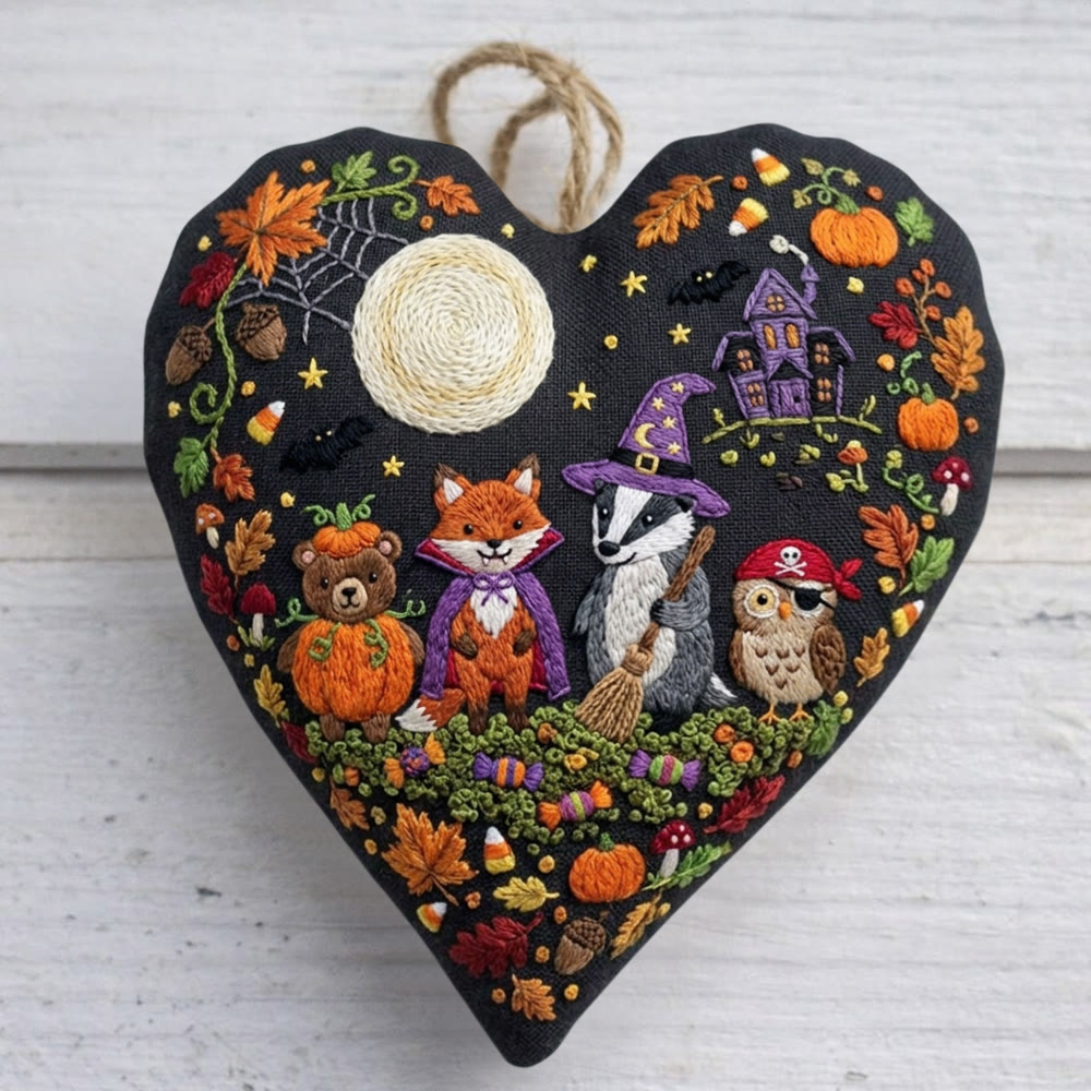 Rubbyoo Heart Embroidery Kit - Spooky Forest Friends  | Adorable Woodland Animals & Forest Motif | Hand-stitched Funny Gift For Animal Lover - 6 inches hoop kit - image 1