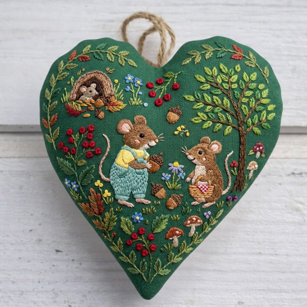 Rubbyoo Heart Embroidery Kit - Forest Mouse Party  | Entry-Level Craft Project For Kids | Cute Fairy-tale-Inspired Keepsake - 6 inches hoop kit - image 1