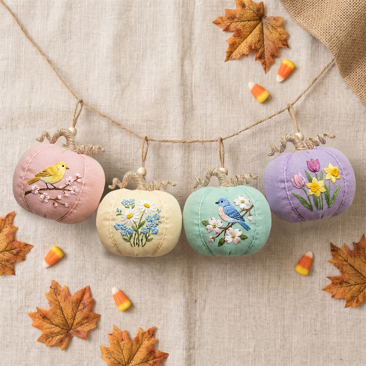 Rubbyoo Halloween Pumpkin Embroidery Kit -  Blooms & Birdsong | Cozy Handmade Sewing Kit | Pastel Colors Women Bag Charm - 6 inches hoop kit - image 1