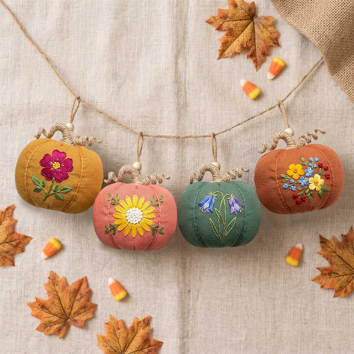 Rubbyoo Halloween Pumpkin Embroidery Kit -  Bouquet Collection | Halloween Wall Hanging Art | Various Pretty Flowers Motif - 6 inches hoop kit - image 1