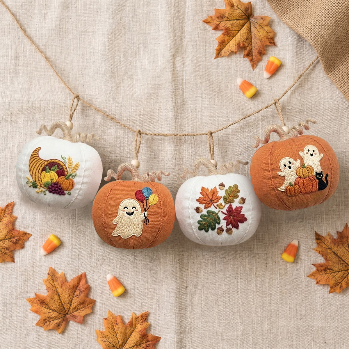 Rubbyoo Halloween Pumpkin Embroidery Kit -  Cute Ghost & Fall Pumpkins | Special Hand-stitiched Pumpkin Banner | Spooky Cute Ghost Ornament - 6 inches hoop kit - image 1