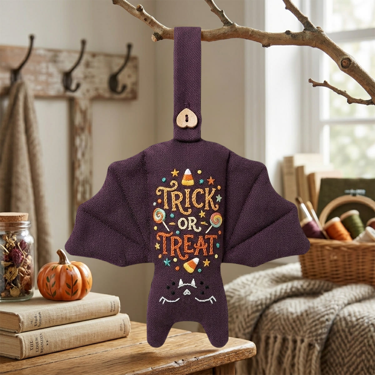 Rubbyoo Bat Embroidery Kit - Trick Or Treat | Gift For Kids | Halloween Tree Hanging - 6 inches hoop kit - image 1