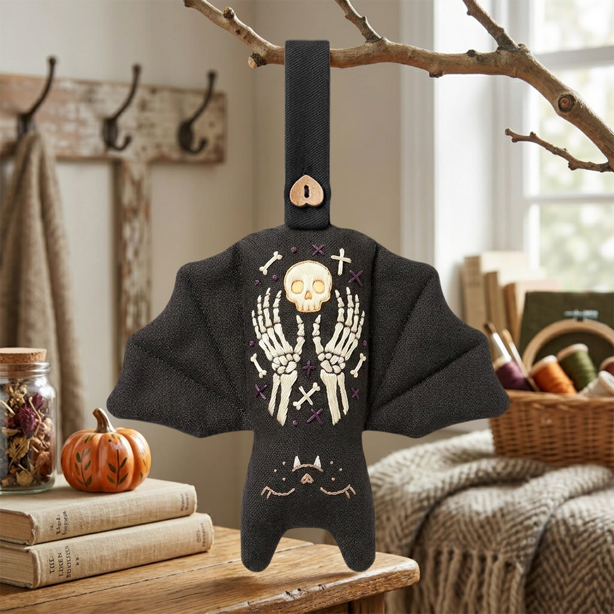 Rubbyoo Bat Embroidery Kit - Skeleton Hands | Spooky Season Gift | Witchy Room Decor - 6 inches hoop kit - image 1