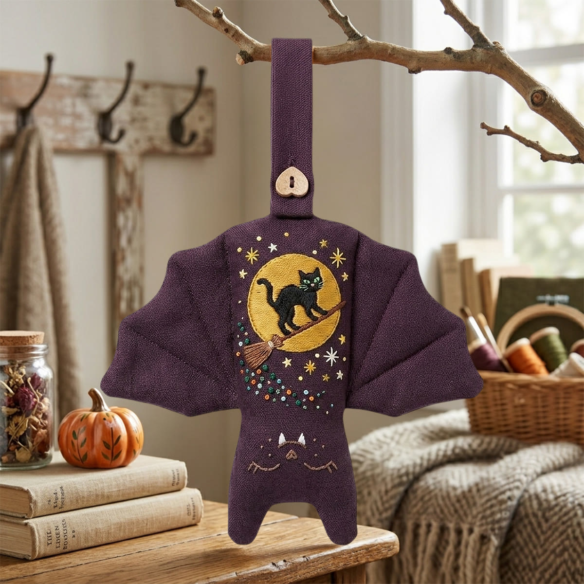 Rubbyoo Bat Embroidery Kit - Black Cat Riding Broom | Halloween Gift | Door Handle Charm - 6 inches hoop kit - image 1