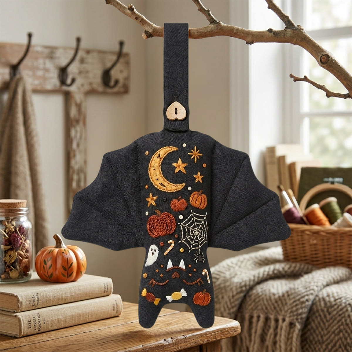 Rubbyoo Bat Embroidery Kit - Halloween Sampler | Spooky Gift For Friend | Cozy Autumn Home Decor - 6 inches hoop kit - image 1