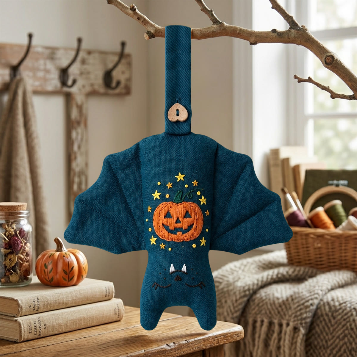 Rubbyoo Bat Embroidery Kit - Jack-o'-Lantern | Spooky Cute Gift | Halloween Tree Ornament - 6 inches hoop kit - image 1