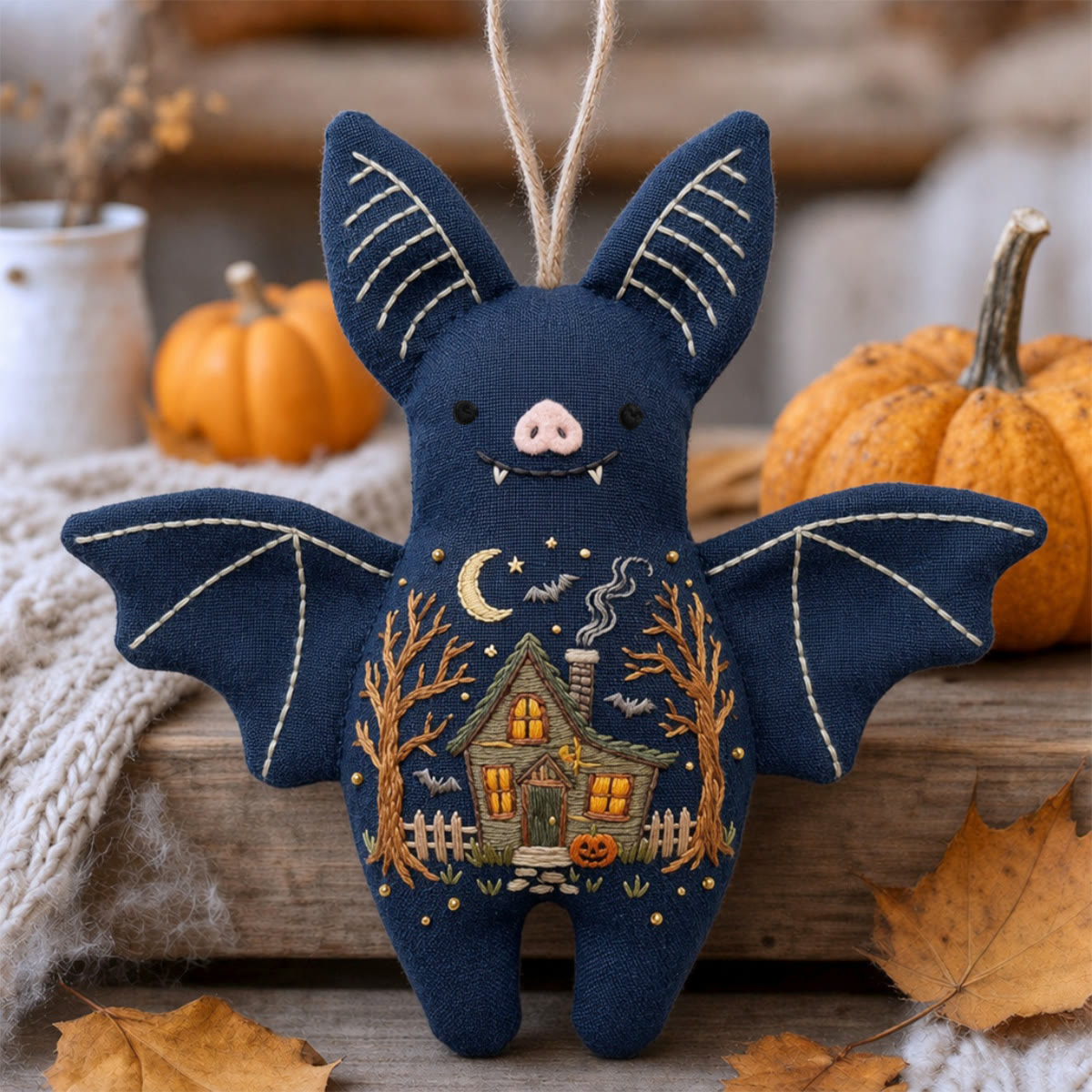 Rubbyoo Bat Embroidery Kit - Haunted House | Unique Handmade Gift | Halloween Tree Ornament - 6 inches hoop kit - image 1