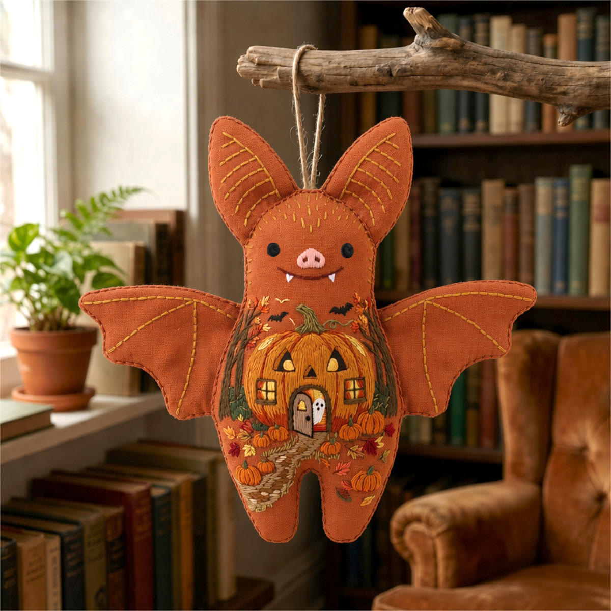 Rubbyoo Bat Embroidery Kit - Pumpkin House |  Creepy Cute Gift | Bedroom Hanging Decor - image 2