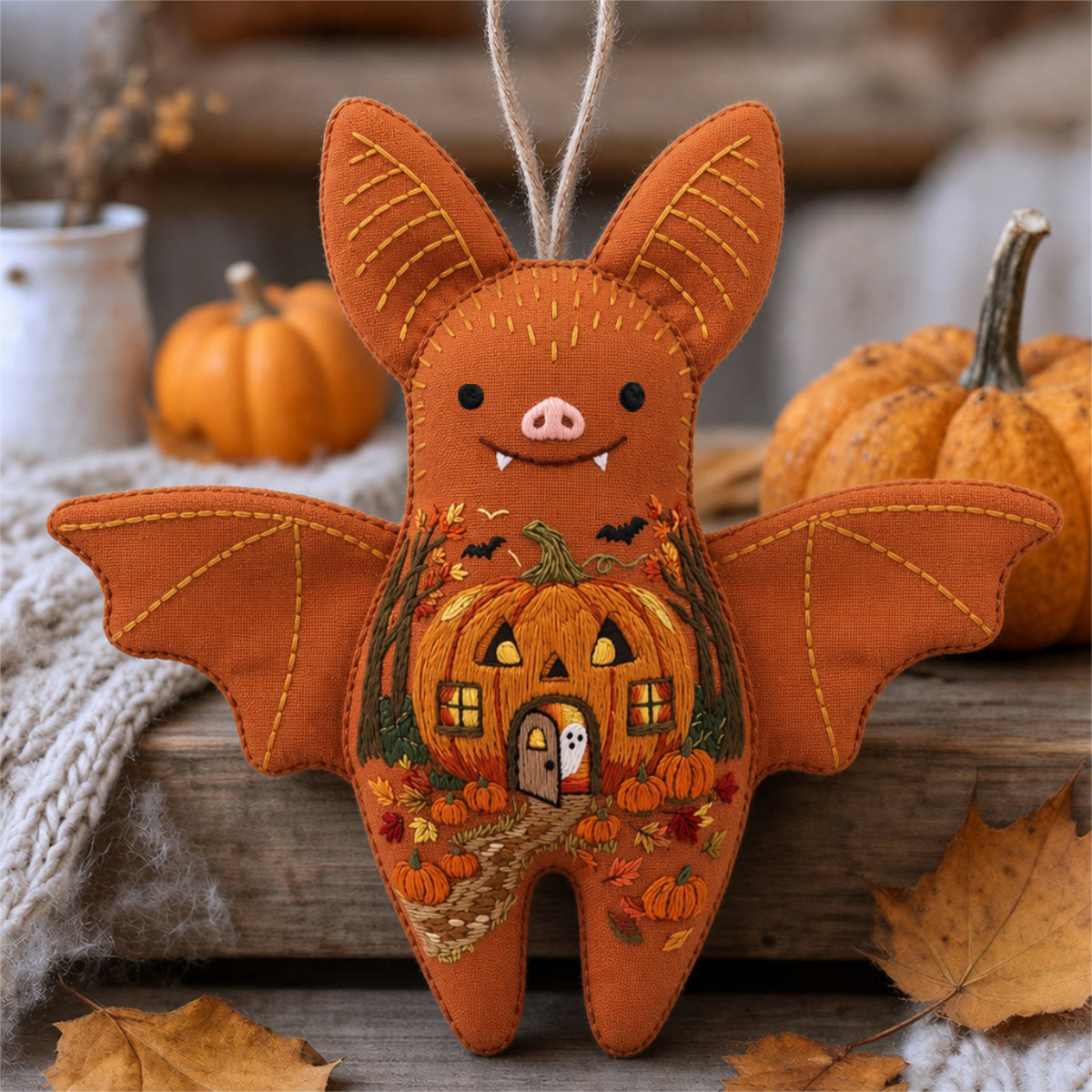Rubbyoo Bat Embroidery Kit - Pumpkin House |  Creepy Cute Gift | Bedroom Hanging Decor - 6 inches hoop kit - image 1