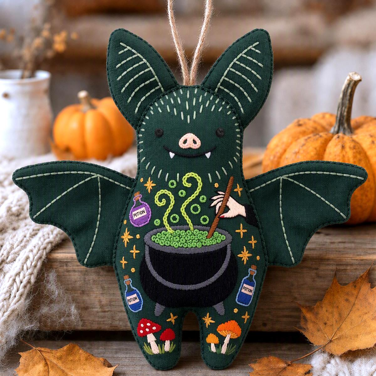 Rubbyoo Bat Embroidery Kit - Witch Cauldron | Gift For Friends | Gothic Halloween Decor - 6 inches hoop kit - image 1